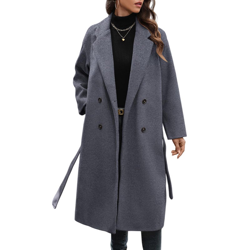 HOTIAN Women's Winter Wool Blend Coat Double Breasted Casual Notch Lapel Long Trench Overcoat Peacoat(Grey-XL) - Image 1