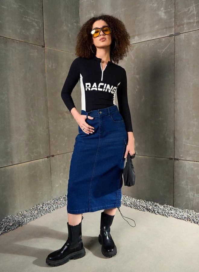 SASSAFRAS Sassafras Women Blue Side Ruching Detail Denim Pencil Skirt