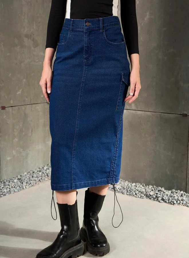 SASSAFRAS Sassafras Women Blue Side Ruching Detail Denim Pencil Skirt