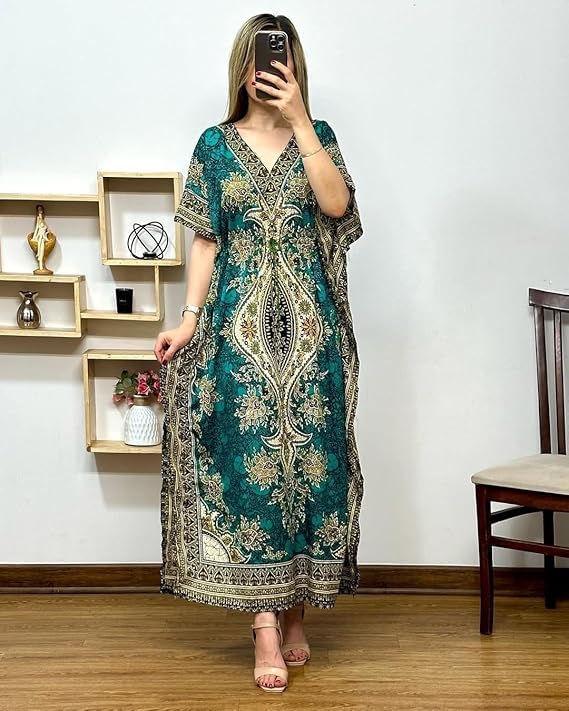 Ukal Women's Kaftan Dress – Bohemian Printed V-Neck Long Maxi Caftan with Loose Fit & Elegant Design (Kaftan-Kurti) (in, Alpha, XL, Plus Size, Green) - Image 2