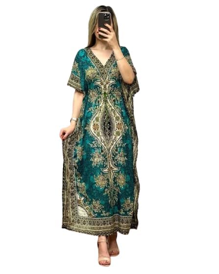 Ukal Women's Kaftan Dress – Bohemian Printed V-Neck Long Maxi Caftan with Loose Fit & Elegant Design (Kaftan-Kurti) (in, Alpha, XL, Plus Size, Green) - Image 3