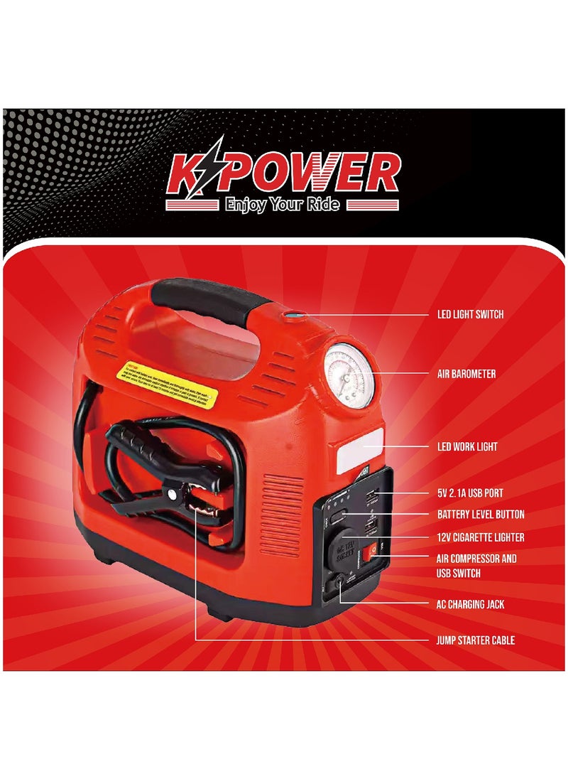 K POWER Professional Power Station 1200 Peak Amp With Jump Starter And 260PSI Air compressor  - Image 2