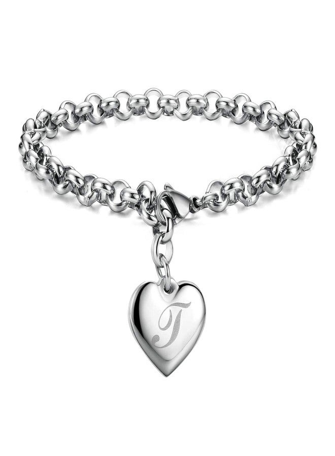 Lcherry سوار Lcherry هدية للنساء، أساور على شكل قلب، أساور من الفولاذ المقاوم للصدأ مزينة بحرف T، أساور منقوشة للنساء - Image 1