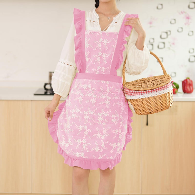 Pinknoke Vintage Pinafore Apron Dress for Women with Pockets Cute Floral Chef Aprons for Kitchen Cooking Baking Gardening (Pink) - Image 4