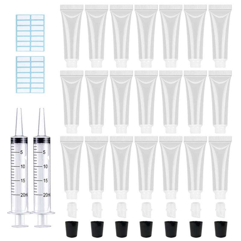 AMORIX 50PCS 10ml Black Lip Gloss Tubes Empty Clear Lip Balm Containers Refillable Soft Cosmetic Squeeze Tubes for Lip Gloss Base Glitter Pigment Powder 2 Syringes  Tag Labels Stickers