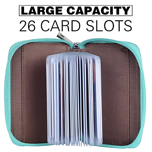 Easyoulife Genuine Leather Credit Card Holder Zipper Wallet With 26 Card Slots(Glitter Teal) - Image 2