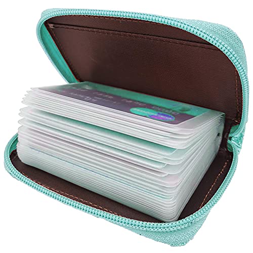 Easyoulife Genuine Leather Credit Card Holder Zipper Wallet With 26 Card Slots(Glitter Teal) - Image 1