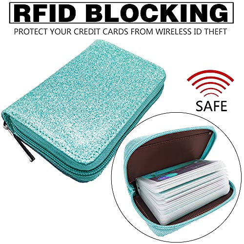Easyoulife Genuine Leather Credit Card Holder Zipper Wallet With 26 Card Slots(Glitter Teal) - Image 4