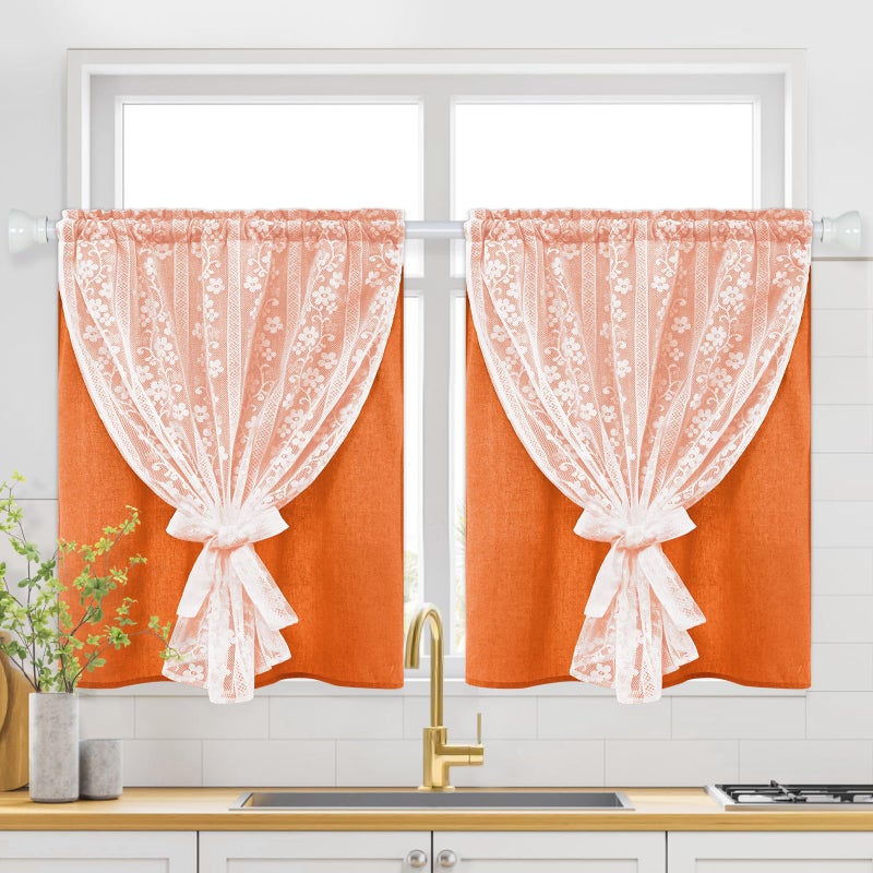 ASPMIZ Linen Kitchen Curtains Double Layers Window Curtain with Linen Lace, Farmhouse Cafe Curtain 36 Inch Length Rod Pocket, Light Filtering Bathroom Tier Curtains with 2 Tiebacks, Orange - Image 1