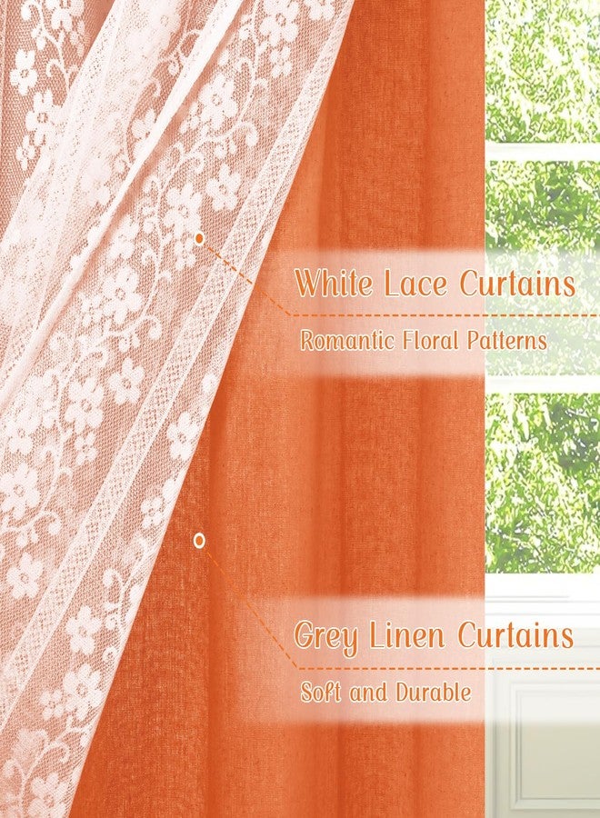 ASPMIZ Linen Kitchen Curtains Double Layers Window Curtain with Linen Lace, Farmhouse Cafe Curtain 36 Inch Length Rod Pocket, Light Filtering Bathroom Tier Curtains with 2 Tiebacks, Orange - Image 2