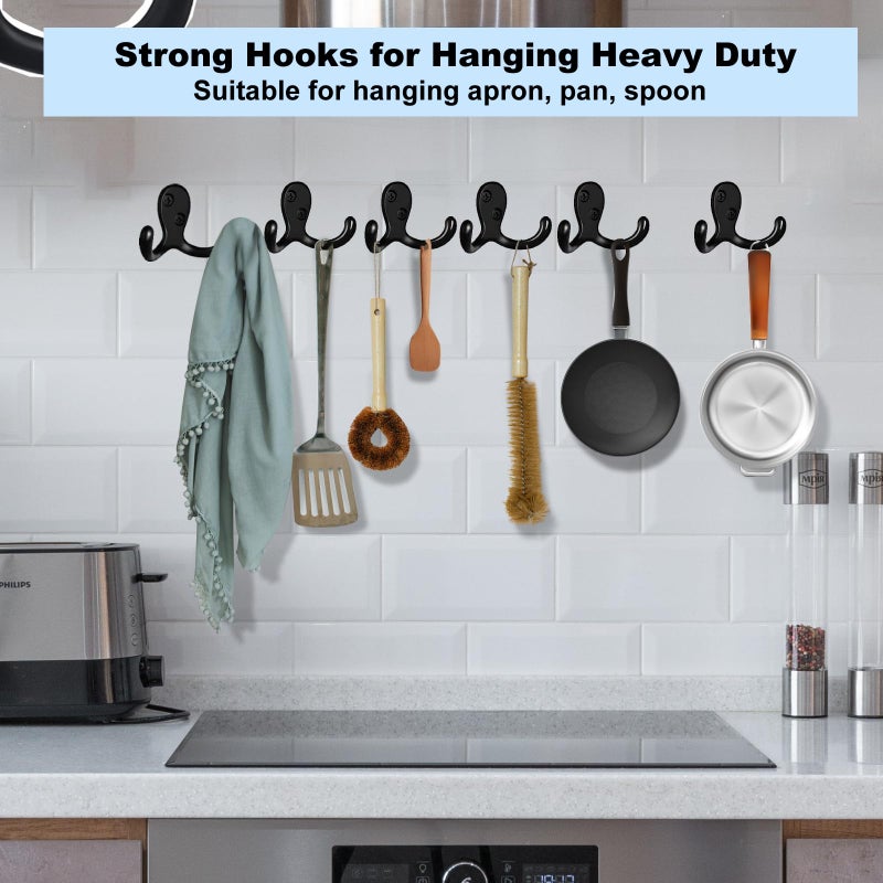 Kruodop 4 Pack Wall Hooks Wall Mounted Coat Hooks for Hanging Heavy Duty, Black Towel Hooks, Metal Double Coat Hanger with Screws Cup Retro for Coats, Handbags, Towels, Hat - Image 4