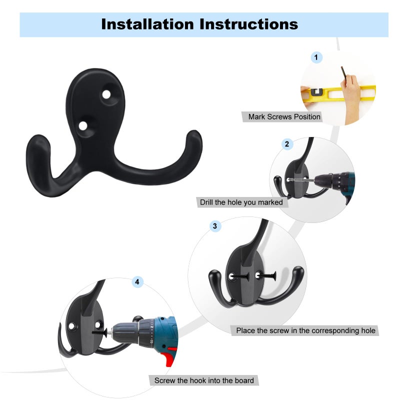 Kruodop 4 Pack Wall Hooks Wall Mounted Coat Hooks for Hanging Heavy Duty, Black Towel Hooks, Metal Double Coat Hanger with Screws Cup Retro for Coats, Handbags, Towels, Hat - Image 3