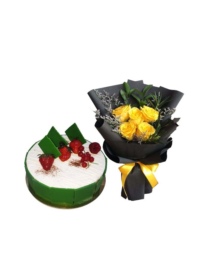 Carmel Flowers 1/2 كجم كعكة فانيليا مع 5 ورود صفراء