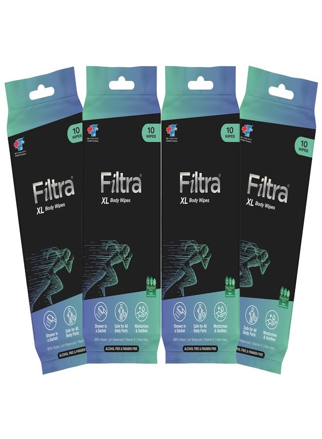 Filtra® XL Body Wipes | Extra Large & Thick Full Body Wipes | Pack of 10 Single Sachets Wipes | Shower in a Sachet | Suited for Gym | Fitness | Sports | Athletes | Cricket | Soccer | Runners | Racket Sports | Travel | Commuter | Trekking | Camping | Festivals | Road Trips - Travel Pack of 10 Single Sachets - 10 count (Pack of 4) - Image 1