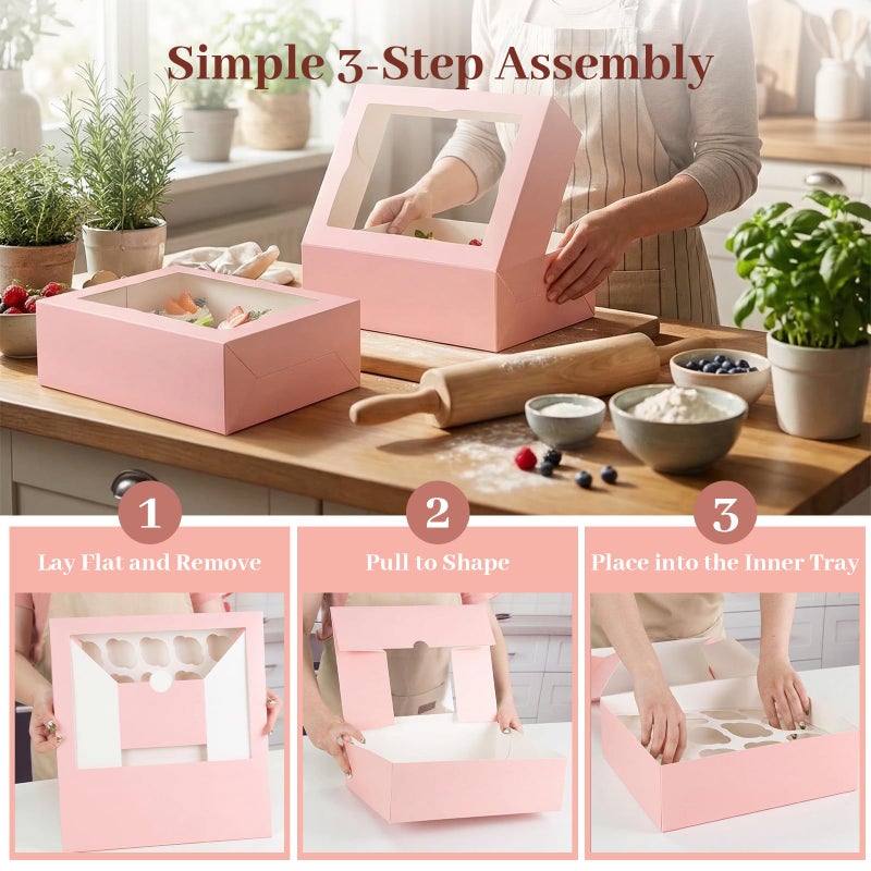 VGOODALL 12 Count Cupcake Boxes, 6PCS 13.2x9.8x4Inches Pink Cupcake Container with Window Boxes Holding 72 Pastry Box for Birthday Holiday Party Bakery Supplies - Image 4