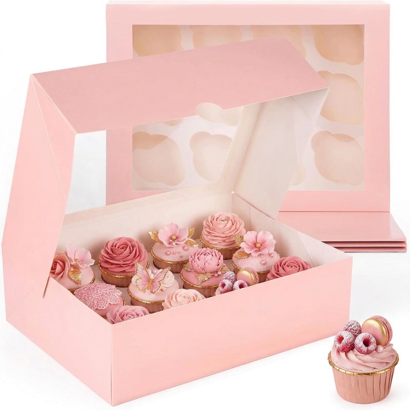 VGOODALL 12 Count Cupcake Boxes, 6PCS 13.2x9.8x4Inches Pink Cupcake Container with Window Boxes Holding 72 Pastry Box for Birthday Holiday Party Bakery Supplies - Image 1