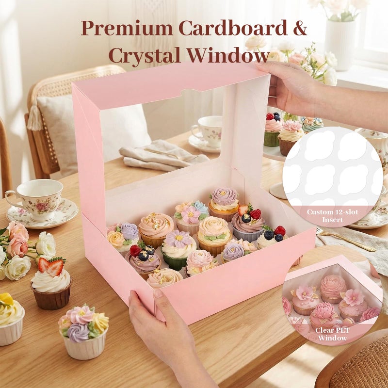 VGOODALL 12 Count Cupcake Boxes, 6PCS 13.2x9.8x4Inches Pink Cupcake Container with Window Boxes Holding 72 Pastry Box for Birthday Holiday Party Bakery Supplies - Image 3