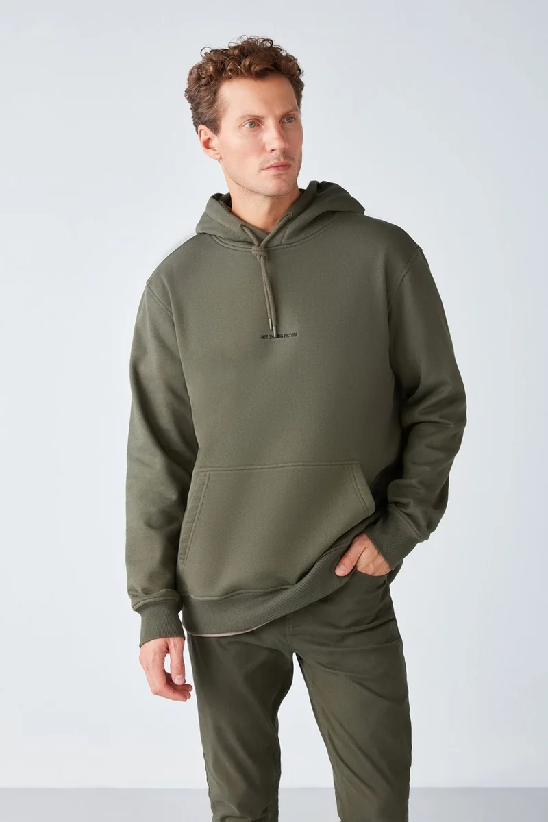 جريميلانج Epic Men's Soft Fabric Hooded Cord Regular Fit Embroidered Khaki Sweatshirt