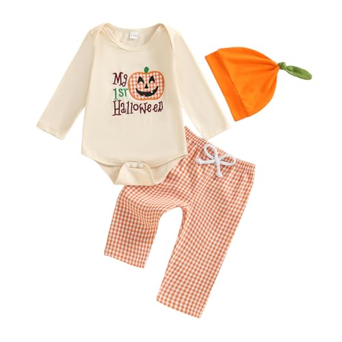 BemeyourBBs My First Halloween Baby Boy Outfit Long Sleeve Pumpkin Romper Pants Set with Beanie Hat Newborn Boy Fall Clothes (1st Halloween Beige, 12-18 Months) - Image 1