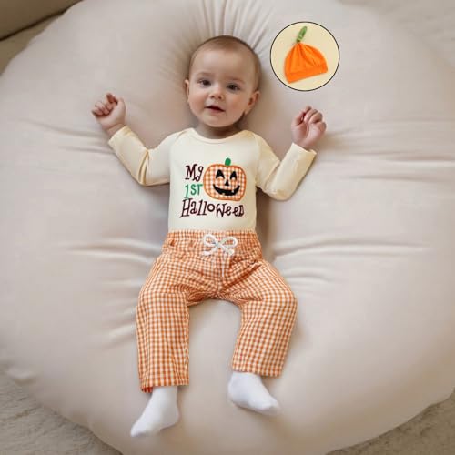BemeyourBBs My First Halloween Baby Boy Outfit Long Sleeve Pumpkin Romper Pants Set with Beanie Hat Newborn Boy Fall Clothes (1st Halloween Beige, 12-18 Months) - Image 2