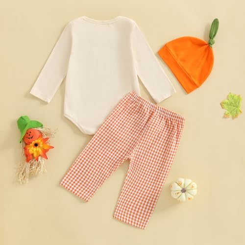 BemeyourBBs My First Halloween Baby Boy Outfit Long Sleeve Pumpkin Romper Pants Set with Beanie Hat Newborn Boy Fall Clothes (1st Halloween Beige, 12-18 Months) - Image 4