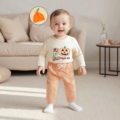 BemeyourBBs My First Halloween Baby Boy Outfit Long Sleeve Pumpkin Romper Pants Set with Beanie Hat Newborn Boy Fall Clothes (1st Halloween Beige, 12-18 Months) - Image 3