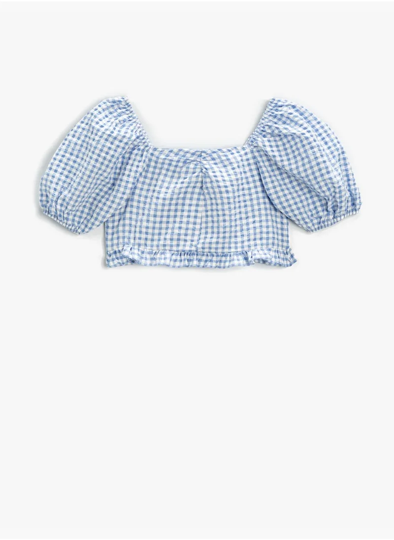 كوتون Crop Tank Top Checked Puff Sleeve