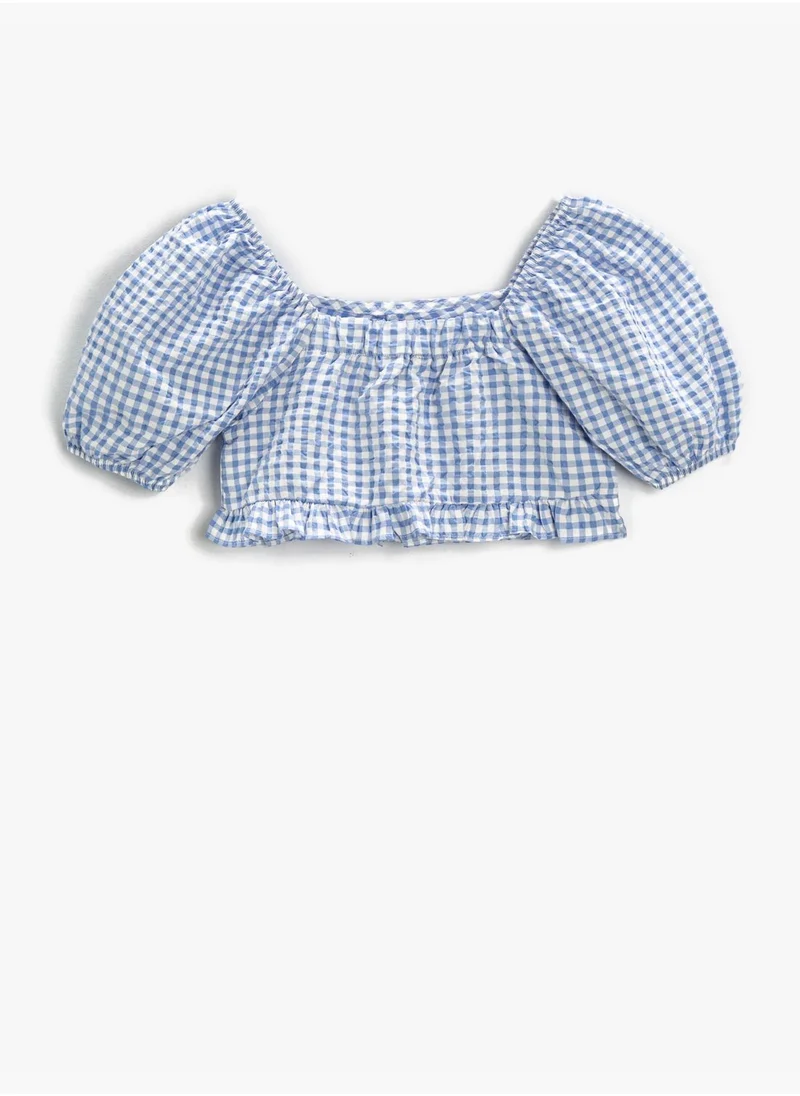 كوتون Crop Tank Top Checked Puff Sleeve