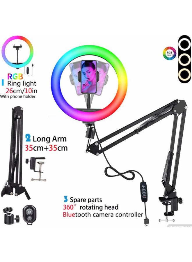 10-Inch Selfie Ring Light Stand Desk Arm Video Recording Fill Light Mobile Phone Bracket Universal Professional Flashlight-Color:10-inch RGB  - Image 1