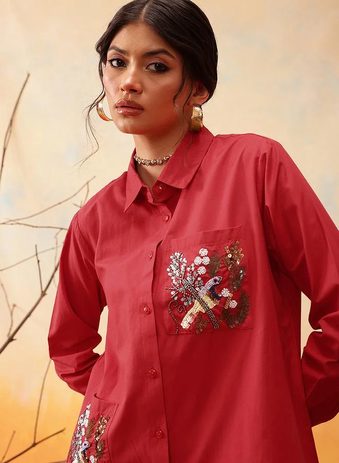 STREET 9 Red Beaded Embellished Shirt and Trousers Co-Ords