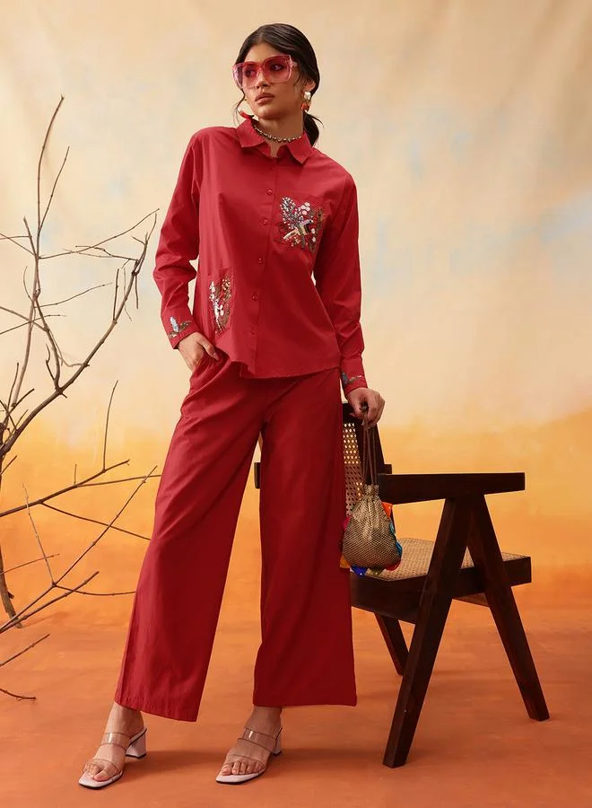 STREET 9 Red Beaded Embellished Shirt and Trousers Co-Ords