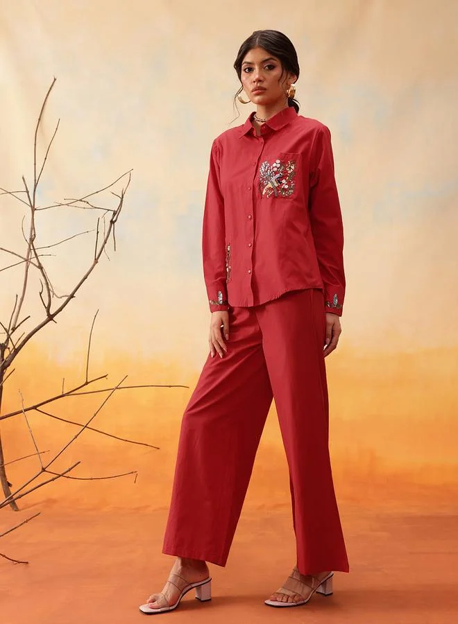 STREET 9 Red Beaded Embellished Shirt and Trousers Co-Ords