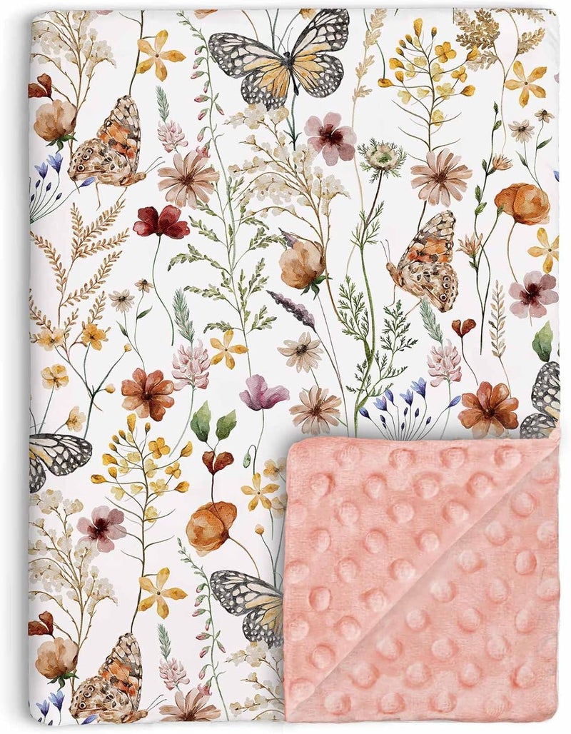 Buerhanerry Wildflower Butterfly Baby Blanket for Girls Soft Double Layer Minky with Dotted Backing Flower Garden Theme Toddler Nursery Newborn Infant Toddler Crib Bedding Receiving Blankets 30x40 - Image 1