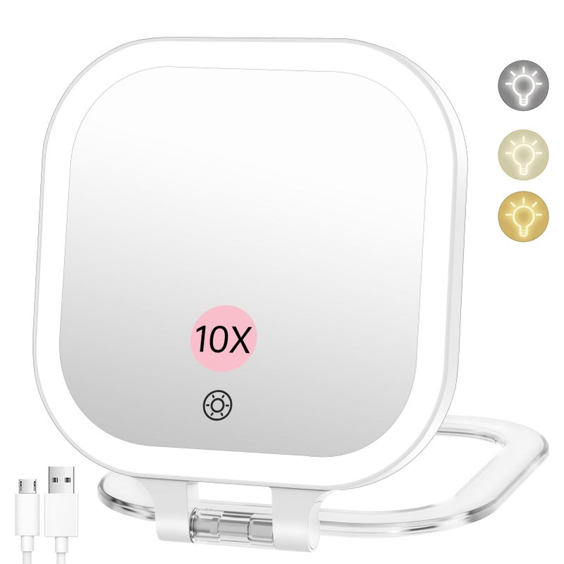 FASCINATE 10X Magnification Rechargeable Travel Makeup Mirror 7 Lighted Portable Vanity Mirror with 3 Colors Lighting  Stepless Dimming Double Sided LED Mirror Gift for Women White