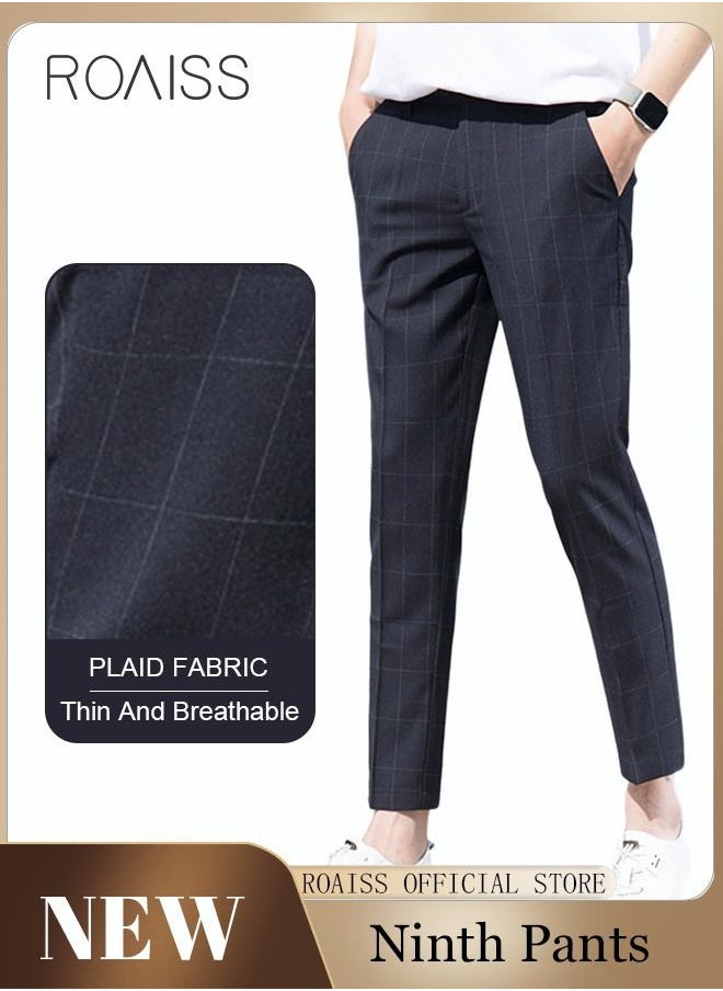 roaiss - Young Men's Suit Pants Straight Fit British Plaid Thin Section Business Casual Pants Cropped Pants - Image 1