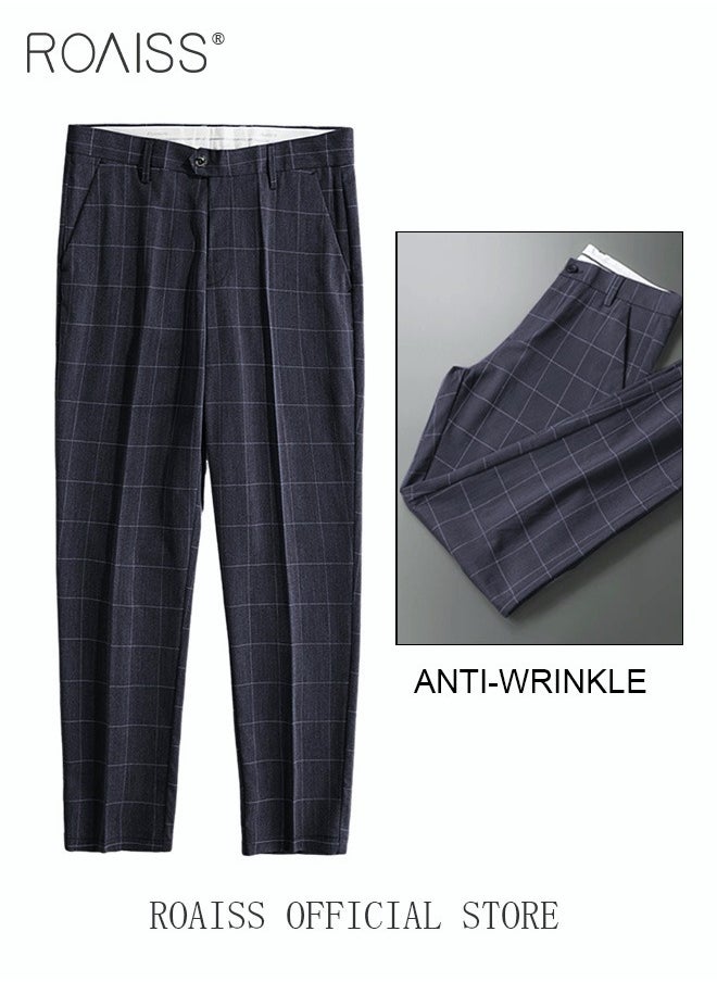 roaiss - Young Men's Suit Pants Straight Fit British Plaid Thin Section Business Casual Pants Cropped Pants - Image 1