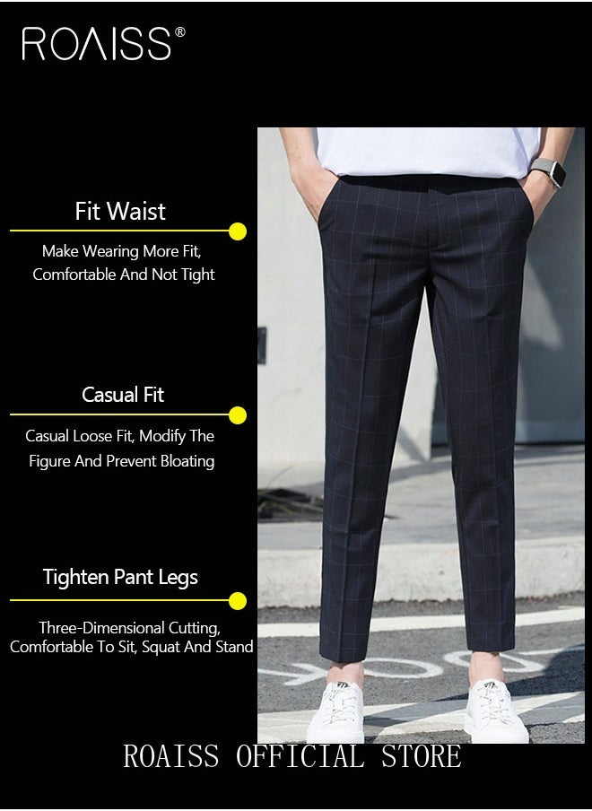 roaiss - Young Men's Suit Pants Straight Fit British Plaid Thin Section Business Casual Pants Cropped Pants - Image 1