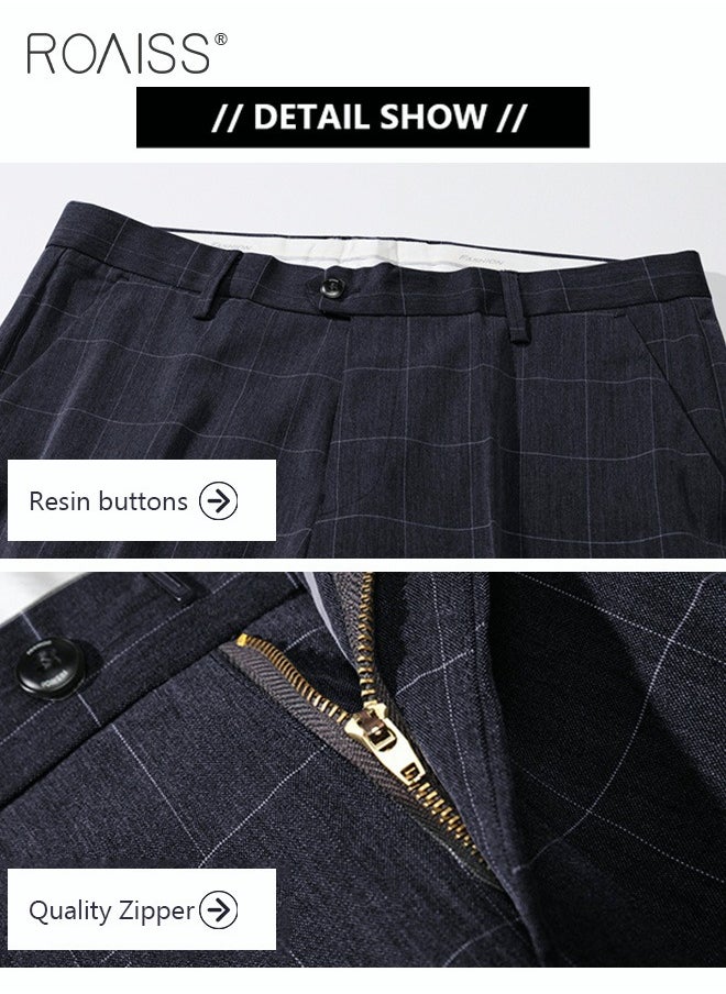 roaiss - Young Men's Suit Pants Straight Fit British Plaid Thin Section Business Casual Pants Cropped Pants - Image 1