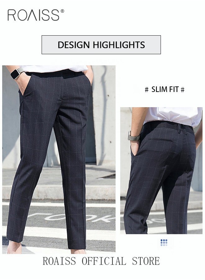 roaiss - Young Men's Suit Pants Straight Fit British Plaid Thin Section Business Casual Pants Cropped Pants - Image 1