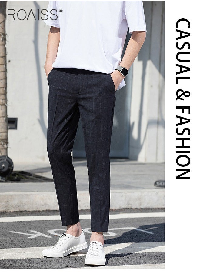 roaiss - Young Men's Suit Pants Straight Fit British Plaid Thin Section Business Casual Pants Cropped Pants - Image 1