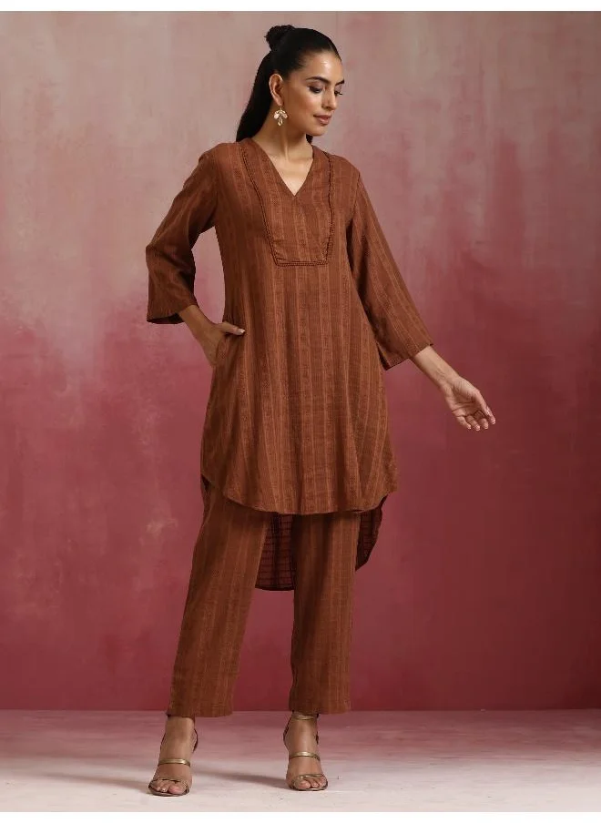 ترو برونز trueBrowns Brown Cotton Dobby Kurta Co-ord set