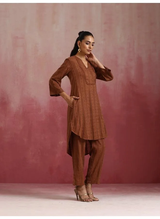 ترو برونز trueBrowns Brown Cotton Dobby Kurta Co-ord set