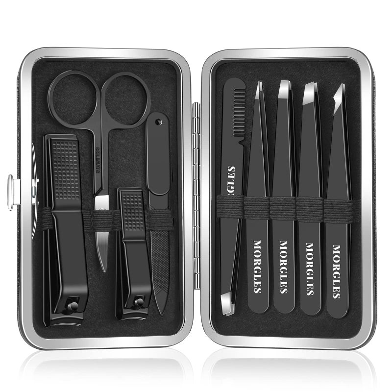 MORGLES Tweezers Set and Nail Clippers, 9 Pcs Stainless Steel Tweezers Kit for Men Professional Manicure Set for Men Grooming Kit With Leather Travel Case - Image 1