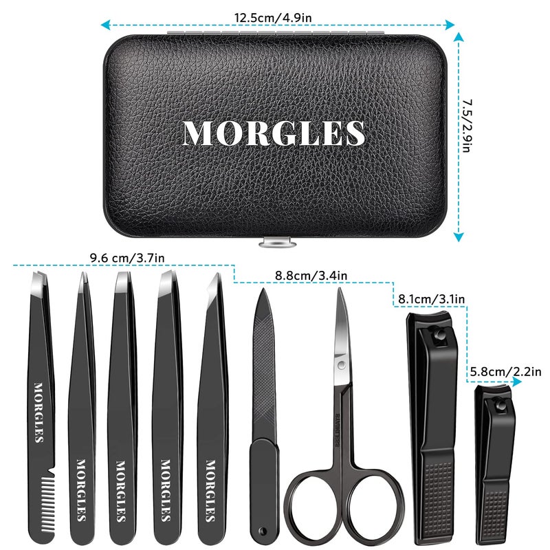 MORGLES Tweezers Set and Nail Clippers, 9 Pcs Stainless Steel Tweezers Kit for Men Professional Manicure Set for Men Grooming Kit With Leather Travel Case - Image 5