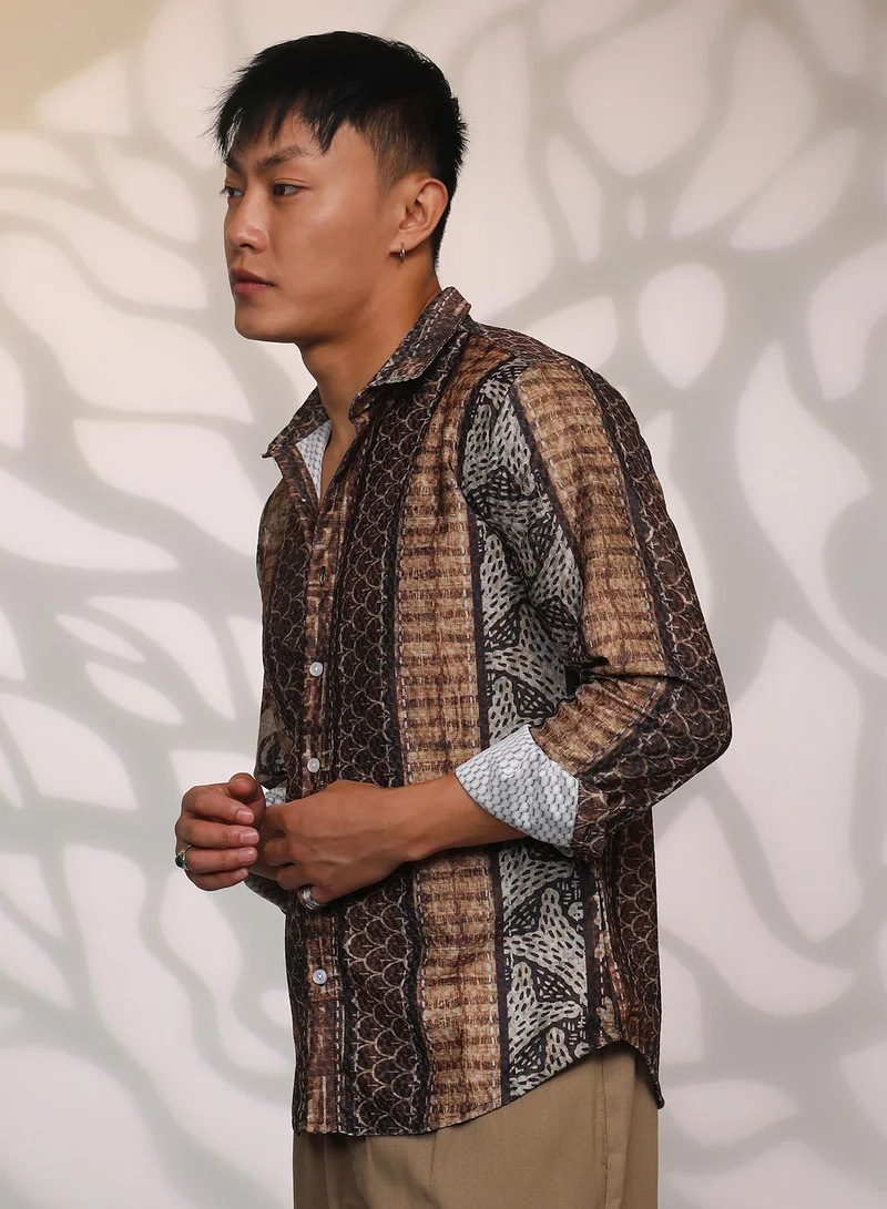 Campus Sutra Men's Chocolate Brown Folk Print Shirt
