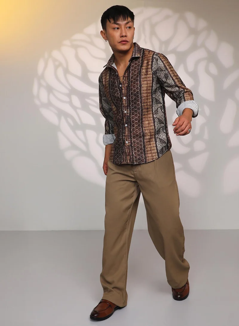 Campus Sutra Men's Chocolate Brown Folk Print Shirt