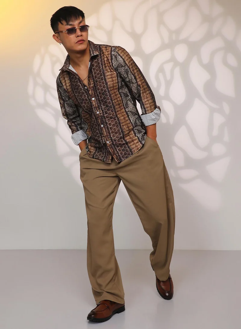 Campus Sutra Men's Chocolate Brown Folk Print Shirt