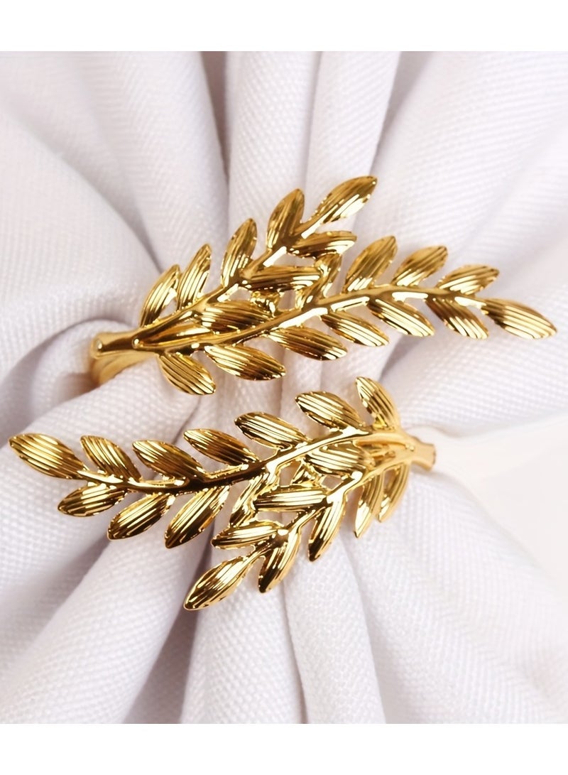 6pcs Golden Leaf Shape Napkin Rings - Durable Cast Iron with Intricate Carved Hollow Design - Sparkling Polished Finish for Elegant Dining Table Decor  - Image 1