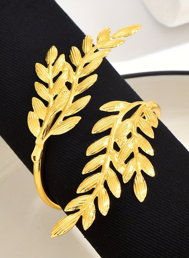 6pcs Golden Leaf Shape Napkin Rings - Durable Cast Iron with Intricate Carved Hollow Design - Sparkling Polished Finish for Elegant Dining Table Decor  - Image 2