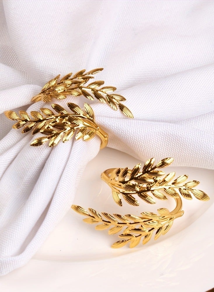 6pcs Golden Leaf Shape Napkin Rings - Durable Cast Iron with Intricate Carved Hollow Design - Sparkling Polished Finish for Elegant Dining Table Decor  - Image 3